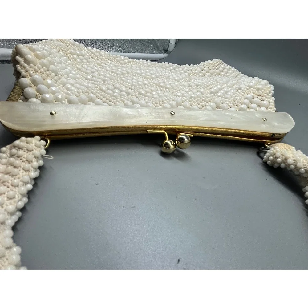 Vintage Beaded Off White Handbag‎ Hong Kong Pearlized Lucite Trim 1960s